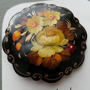 Russian Lacquer Wood Pin Brooch - Floral